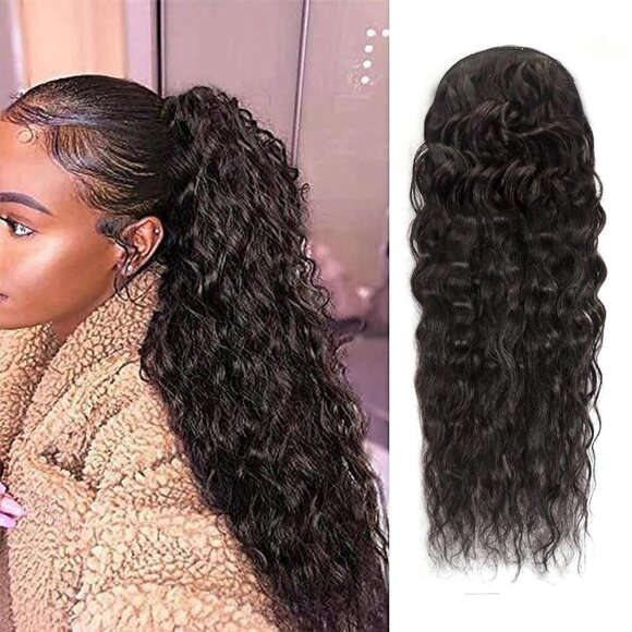 Human Hair Drawstring Ponytail Water Wave 14 Inch Natural Black Extensions main image 2
